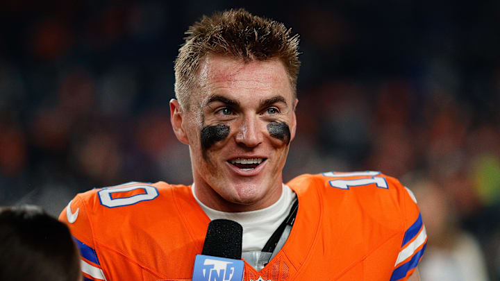 Nov 6, 2025; Denver, Colorado, USA; Denver Broncos quarterback Bo Nix (10) after the game against the Las Vegas Raiders at Empower Field at Mile High. Mandatory Credit: Isaiah J. Downing-Imagn Images
