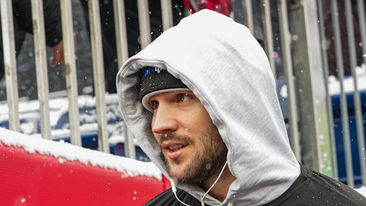 Buffalo Bills quarterback Josh Allen makes his way too the field to warm up before the start of the game. Buffalo Bills quarterback Josh Allen makes his way too the field to warm up before the start of the game.