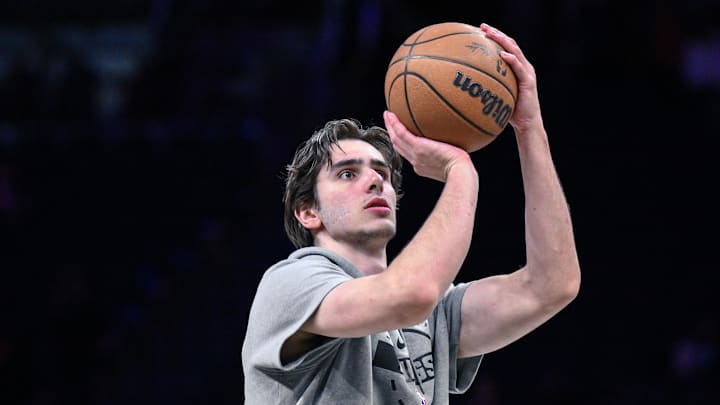 Mar 29, 2026; Brooklyn, New York, USA; Sacramento Kings center Maxime Raynaud (42) warms up before a game against the Brooklyn Nets at Barclays Center. Mandatory Credit: John Jones-Imagn Images