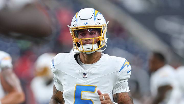 Aug 13, 2026; Houston, Texas, USA;  Los Angeles Chargers quarterback Trey Lance (5) before the game against the Houston Texans at Reliant Stadium. Mandatory Credit: Troy Taormina-Imagn Images