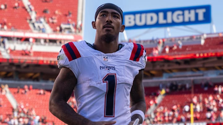 Sep 29, 2024; Santa Clara, California, USA; New England Patriots wide receiver Ja'Lynn Polk (1) leaves the field after the game against the San Francisco 49ers at Levi's Stadium. Mandatory Credit: Neville E. Guard-Imagn Images