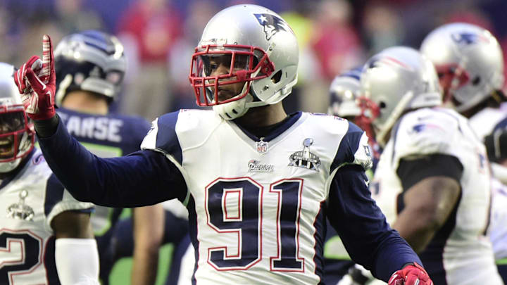 Feb 1, 2015; Glendale, AZ, USA; New England Patriots outside linebacker Jamie Collins (91) reacts after a play during the first quarter against the Seattle Seahawks in Super Bowl XLIX at University of Phoenix Stadium. Mandatory Credit: Matt Kartozian-Imagn Images