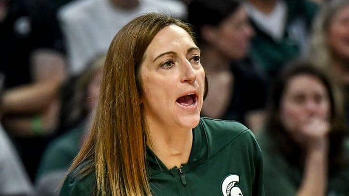Michigan State's head coach Robyn Fralick calls out to players during the third quarter in the game against Michigan on Sunday, Feb. 1, 2026, at the Breslin Center in East Lansing. Michigan State's head coach Robyn Fralick calls out to players during the third quarter in the game against Michigan on Sunday, Feb. 1, 2026, at the Breslin Center in East Lansing.