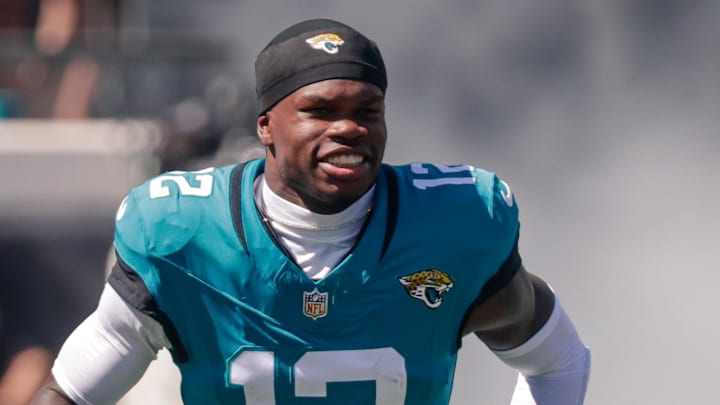 Oct 12, 2025; Jacksonville, Florida, USA;Jacksonville Jaguars player Travis Hunter (12) runs out during team introductions before the game against the Seattle Seahawks at EverBank Stadium. Mandatory Credit: Travis Register-Imagn Images