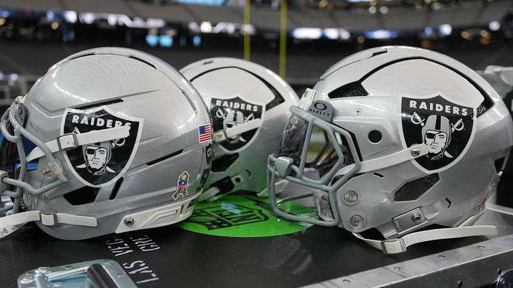 Nov 23, 2025; Paradise, Nevada, USA; Las Vegas Raiders helmets on the sidelines at Allegiant Stadium. Mandatory Credit: Kirby Lee-Imagn Images Nov 23, 2025; Paradise, Nevada, USA; Las Vegas Raiders helmets on the sidelines at Allegiant Stadium. Mandatory Credit: Kirby Lee-Imagn Images