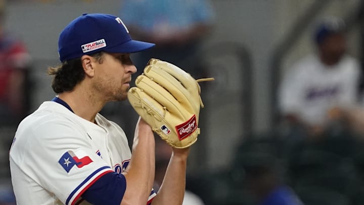 Jun 14, 2025; Arlington, Texas, USA; Texas Rangers pitcher Jacob deGrom (48) looks in for the sign during the fourth inning against the Chicago White Sox at Globe Life Field. 