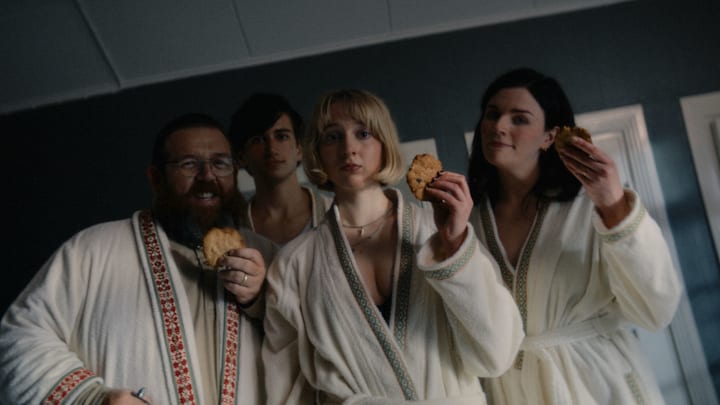 Nick Frost, Sebastian Croft, Maisie Ayres, and Aisling Beain Steffen Haars’GET AWAY. Courtesy of IFC Films and Shudder. An IFC Films and Shudder Release. 