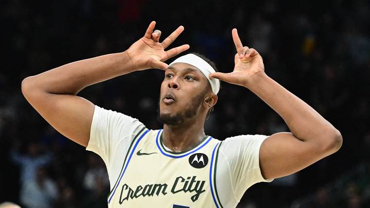 Nov 20, 2025; Milwaukee, Wisconsin, USA; Milwaukee Bucks center Myles Turner (3) reacts after scoring a basket in the 4th quarter against the Philadelphia 76ers at Fiserv Forum. Mandatory Credit: Benny Sieu-Imagn Images