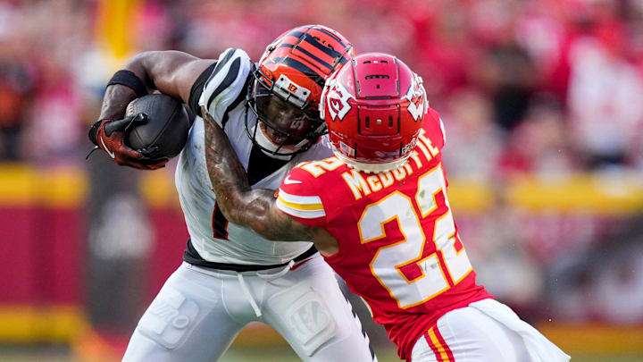 Cincinnati Bengals wide receiver Ja'Marr Chase (1) and Kansas City Chiefs cornerback Trent McDuffie (22) collide in the fourth quarter of the NFL Week 2 game between the Kansas City Chiefs and the Cincinnati Bengals at Arrowhead Stadium in Kansas City on Sunday, Sept. 15, 2024. The Chiefs took a 26-25 win with a go-ahead field goal as time expired.