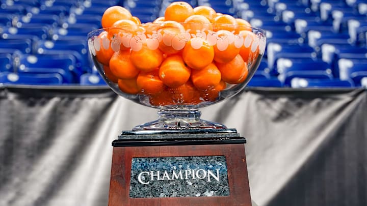 Jul 26, 2023; Indianapolis, IN, USA; The Capital One Orange Bowl trophy is displayed during Big 10 football media days at Lucas Oil Stadium. Jul 26, 2023; Indianapolis, IN, USA; The Capital One Orange Bowl trophy is displayed during Big 10 football media days at Lucas Oil Stadium.