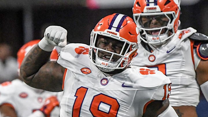 Aug 31, 2024; Atlanta, Georgia, USA; Clemson Tigers defensive lineman DeMonte Capehart (19) reacts after tackling Georgia Bulldogs running back Branson Robinson