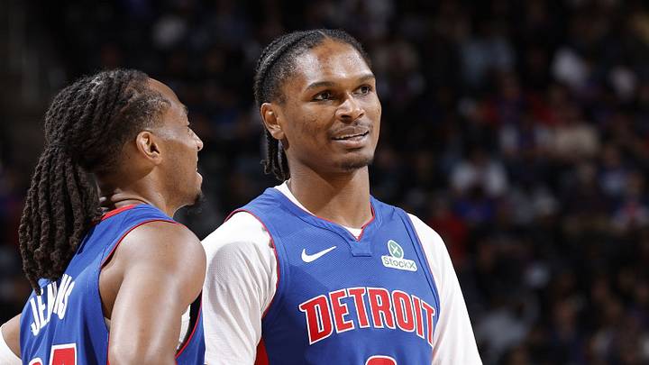 DETROIT, MI - OCTOBER 28: Ausar Thompson #9 and Daniss Jenkins #24 of the Detroit Pistons smile during the game against the Charlotte Hornets on October 28, 2026 at Little Caesars Arena in Detroit, Michigan. Copyright 2026 NBAE (Photo by Brian Sevald/NBAE via Getty Images)