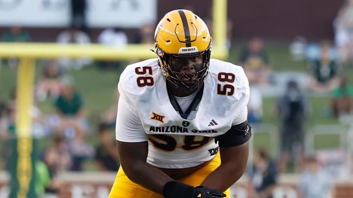 Sep 20, 2025; Waco, Texas, USA; Arizona State Sun Devils offensive lineman Max Iheanachor (58) in action against the Baylor Bears during the first half at McLane Stadium. Mandatory Credit: Chris Jones-Imagn Images