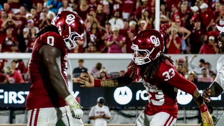 Oklahoma defensive lineman David Stone celebrates with Lebron Bauer after making a fourth-down stop against New Mexico. Oklahoma defensive lineman David Stone celebrates with Lebron Bauer after making a fourth-down stop against New Mexico.