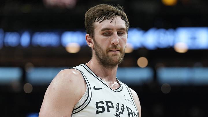 Mar 30, 2026; San Antonio, Texas, USA;  San Antonio Spurs center Luke Kornet (7) looks down in the second half against the Chicago Bulls at Frost Bank Center. Mandatory Credit: Daniel Dunn-Imagn Images