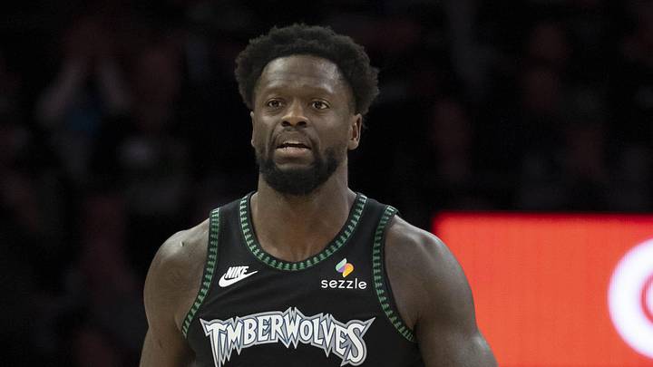 Apr 30, 2026; Minneapolis, Minnesota, USA; Minnesota Timberwolves forward Julius Randle (30) dribbles the ball against the Denver Nuggets in the first half during game six of the first round of the 2026 NBA Playoffs at Target Center. Mandatory Credit: Jesse Johnson-Imagn Images
