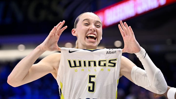Sep 11, 2025; Arlington, Texas, USA; Dallas Wings guard Paige Bueckers (5) celebrates after the game against the Phoenix Mercury at College Park Center. Mandatory Credit: Jerome Miron-Imagn Images