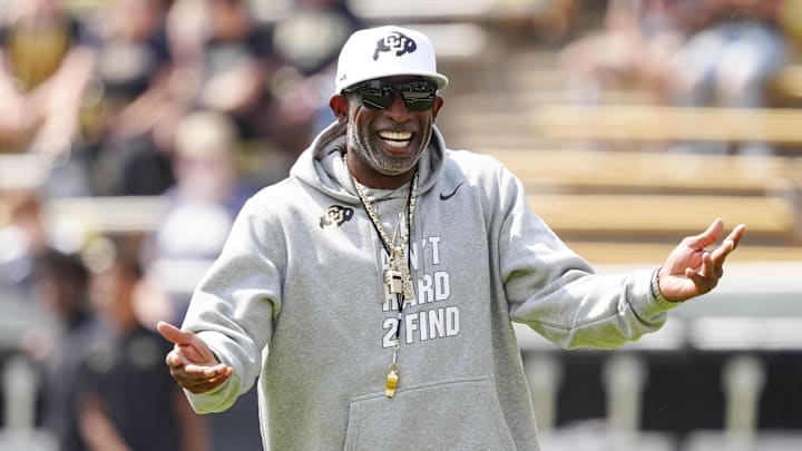 Sep 6, 2025; Boulder, Colorado, USA; Colorado Buffaloes head coach Deion Sanders before the game against the Delaware Fightin Blue Hens at Folsom Field. Mandatory Credit: Ron Chenoy-Imagn Images Sep 6, 2025; Boulder, Colorado, USA; Colorado Buffaloes head coach Deion Sanders before the game against the Delaware Fightin Blue Hens at Folsom Field. Mandatory Credit: Ron Chenoy-Imagn Images