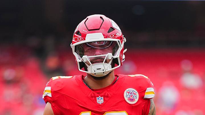 Aug 15, 2026; Kansas City, Missouri, USA; Kansas City Chiefs tight end Jared Wiley (12) warms up prior to a game against the Los Angeles Rams at Arrowhead Stadium. Mandatory Credit: Jay Biggerstaff-Imagn Images