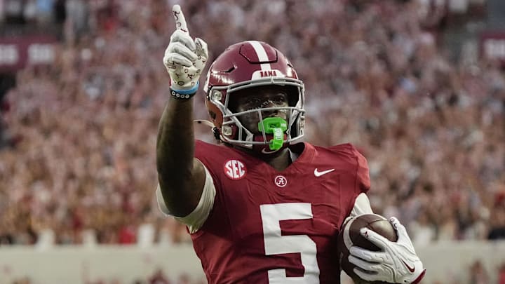 Sep 6, 2025; Tuscaloosa, Alabama, USA;  Alabama receiver Germie Bernard (5) celebrates a touchdown catch and run against UL Monroe at Saban Field at Bryant-Denny Stadium. Mandatory Credit: Gary Cosby Jr.-Imagn Images