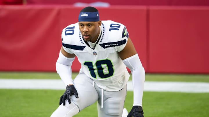 Dec 8, 2024; Glendale, Arizona, USA; Seattle Seahawks linebacker Uchenna Nwosu (10) against the Arizona Cardinals at State Farm Stadium.