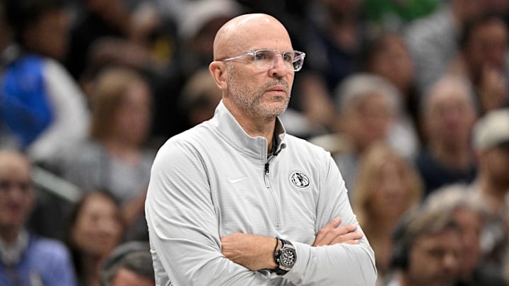 Apr 9, 2025; Dallas, Texas, USA; Dallas Mavericks head coach Jason Kidd looks on during the third quarter against the Los Angeles Lakers at the American Airlines Center. Mandatory Credit: Jerome Miron-Imagn Images Apr 9, 2025; Dallas, Texas, USA; Dallas Mavericks head coach Jason Kidd looks on during the third quarter against the Los Angeles Lakers at the American Airlines Center. Mandatory Credit: Jerome Miron-Imagn Images