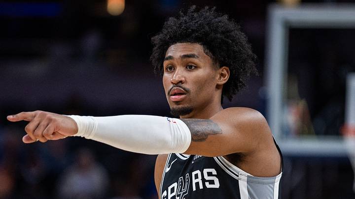 Oct 13, 2025; Indianapolis, Indiana, USA; San Antonio Spurs guard Dylan Harper (2) in the first half against the Indiana Pacers at Gainbridge Fieldhouse. Mandatory Credit: Trevor Ruszkowski-Imagn Images