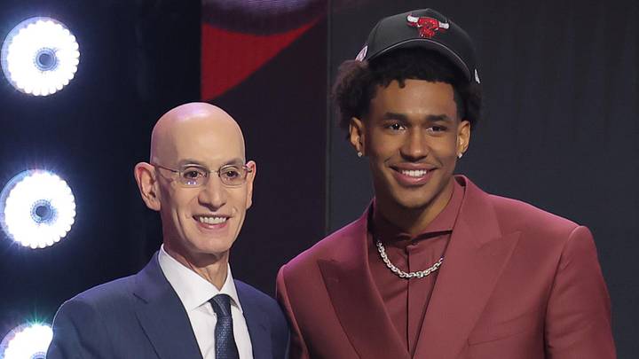 Jun 23, 2026; New York, NY, USA; NBA commissioner Adam Silver greets the fifteenth pick in the 2026 NBA draft, Texas guard Dailyn Swain after he was selected by the Chicago Bulls at Barclays Center. Mandatory Credit: Brad Penner-Imagn Images