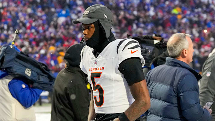 Cincinnati Bengals wide receiver Tee Higgins (5) walks for the locker room after the fourth quarter of the NFL Week 14 game between the Buffalo Bills and the Cincinnati Bengals at Highmark Stadium in Orchard Park, N.Y., on Sunday, Dec. 7, 2025. The Bills overcame a halftime deficit to win 39-34.