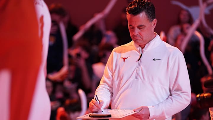 Texas Longhorns head coach Sean Miller reviews a play before the start of the game against the Southern University Jaguars at Moody Center. Texas Longhorns head coach Sean Miller reviews a play before the start of the game against the Southern University Jaguars at Moody Center.