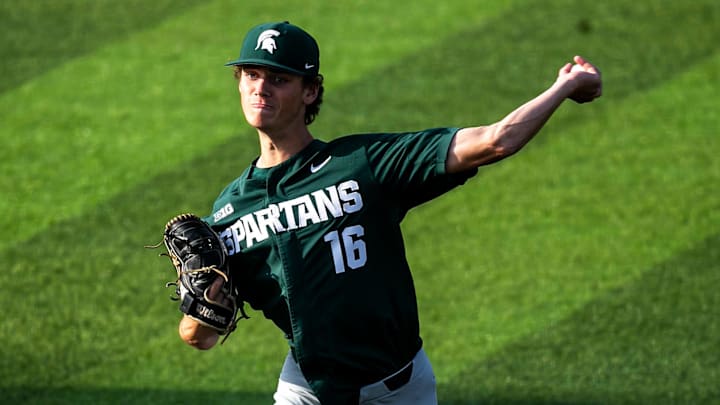 Michigan State's Joseph Dzierwa delivers a pitch during a NCAA Big Ten Conference baseball game against Iowa, Friday, May 12, 2023, at Duane Banks Field in Iowa City, Iowa.
