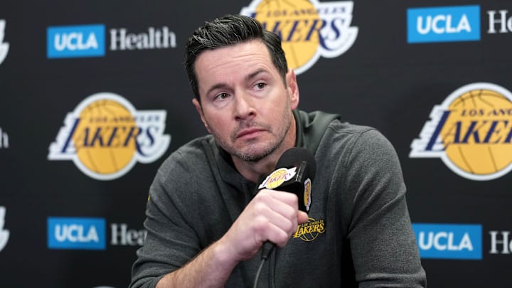 Feb 20, 2026; Los Angeles, California, USA; Los Angeles Lakers head coach JJ Redick at a press conference at the Crypto.com Arena. Mandatory Credit: Kirby Lee-Imagn Images
