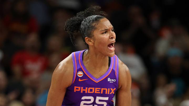 Phoenix, Arizona, USA; Phoenix Mercury forward Alyssa Thomas (25) reacts against the Indiana Fever in the second half at Mortgage Matchup Center on July 9, 2026.