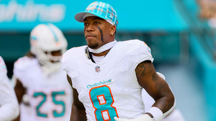 Oct 27, 2024; Miami Gardens, Florida, USA; Miami Dolphins safety Jevon Holland (8) enters the field before the game against the Arizona Cardinals at Hard Rock Stadium. Mandatory Credit: Sam Navarro-Imagn Images