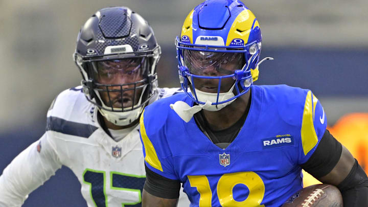 Los Angeles Rams wide receiver Tyler Johnson (18) is chased down by Seattle Seahawks linebacker Ernest Jones IV (13). Mandatory Credit: Jayne Kamin-Oncea-Imagn Images