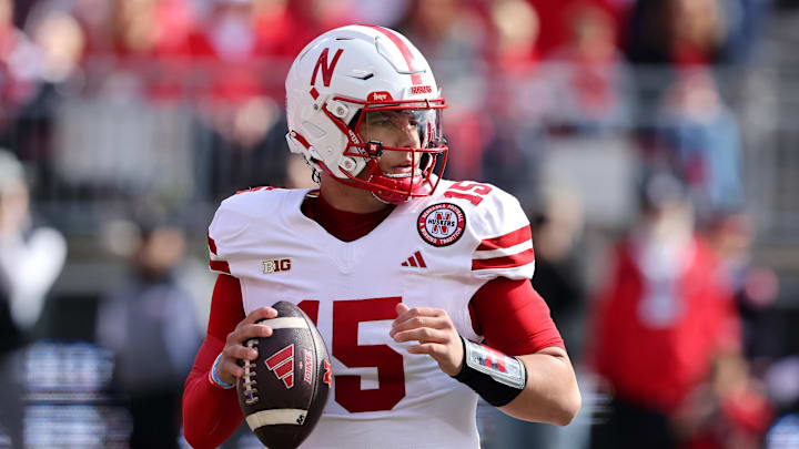 Oct 26, 2024; Columbus, Ohio, USA; Nebraska Cornhuskers quarterback Dylan Raiola (15) drops to throw during the first quarter against the Ohio State Buckeyes at Ohio Stadium. Mandatory Credit: Joseph Maiorana-Imagn Images