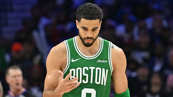 Apr 26, 2026; Philadelphia, Pennsylvania, USA; Boston Celtics forward Jayson Tatum (0) reacts after making a three point basket against the Philadelphia 76ers during the second half at Xfinity Mobile Arena. Mandatory Credit: Eric Hartline-Imagn Images