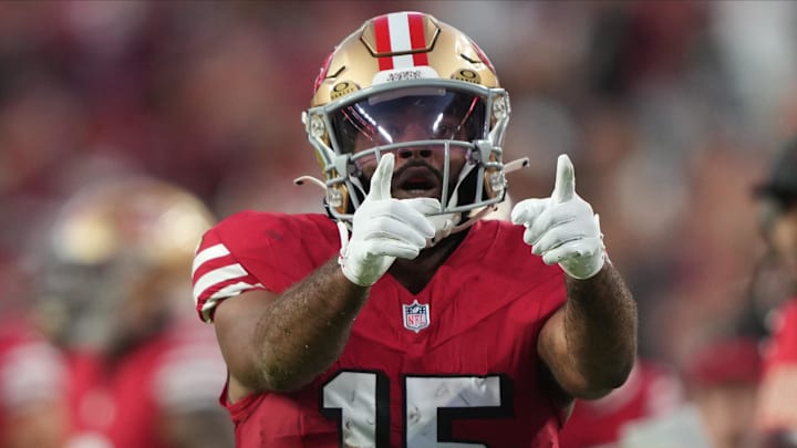 Oct 19, 2025; Santa Clara, California, USA; San Francisco 49ers wide receiver Jauan Jennings (15) celebrates after catching a pass for a first down during the second quarter against the Atlanta Falcons at Levi's Stadium. Mandatory Credit: Darren Yamashita-Imagn Images