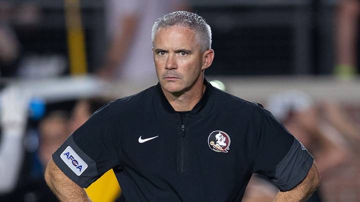 Florida State football coach Mike Norvell stands on the field during warmups before his team faced SMU at Doak Campbell Stadium on Monday, Sept. 7, 2026. Florida State football coach Mike Norvell stands on the field during warmups before his team faced SMU at Doak Campbell Stadium on Monday, Sept. 7, 2026.