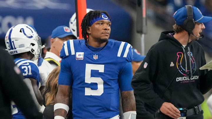 Indianapolis Colts quarterback Anthony Richardson (5) walks the sidelines Sunday, Sept. 29, 2024, during a game against the Pittsburgh Steelers at Lucas Oil Stadium in Indianapolis.