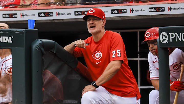 Sep 22, 2024; Cincinnati, Ohio, USA; Cincinnati Reds manager David Bell (25) reacts after a play in the ninth inning against the Pittsburgh Pirates at Great American Ball Park. Mandatory Credit: Katie Stratman-Imagn Images
