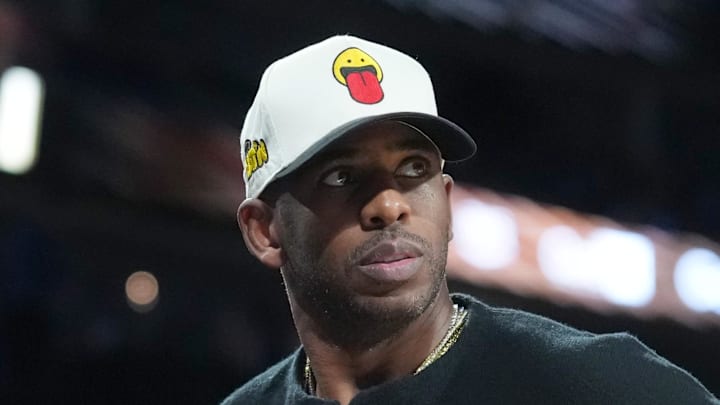 Dec 13, 2025; Las Vegas, Nevada, USA; Chris Paul watches during the Emirates NBA Cup semifinals game between the San Antonio Spurs and Oklahoma City Thunder at T-Mobile Arena. Mandatory Credit: Kirby Lee-Imagn Images