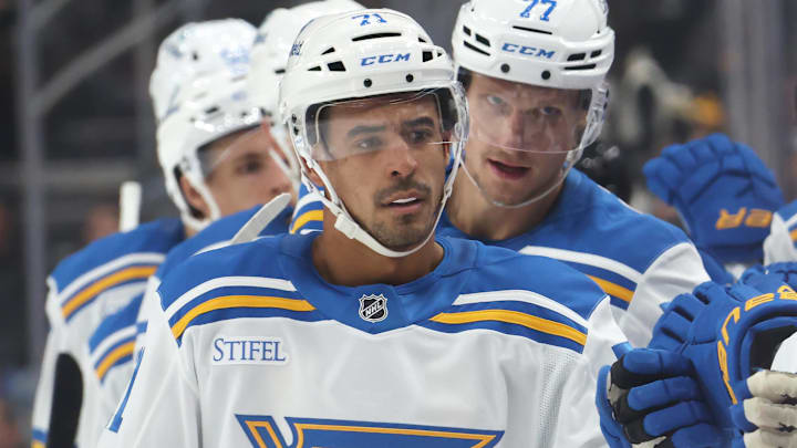 Oct 27, 2025; Pittsburgh, Pennsylvania, USA; St. Louis Blues right wing Mathieu Joseph (71) celebrates with teammates after scoring a goal against the Pittsburgh Penguins during the third period at PPG Paints Arena. Mandatory Credit: Charles LeClaire-Imagn Images Oct 27, 2025; Pittsburgh, Pennsylvania, USA; St. Louis Blues right wing Mathieu Joseph (71) celebrates with teammates after scoring a goal against the Pittsburgh Penguins during the third period at PPG Paints Arena. Mandatory Credit: Charles LeClaire-Imagn Images