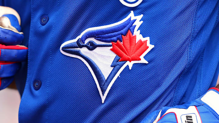 Mar 25, 2018; Dunedin, FL, USA; A view of the Blue Jays logo on an official Majestic game jersey during a game between the Pittsburgh Pirates and the Toronto Blue Jays at Florida Auto Exchange Stadium. Mandatory Credit: Aaron Doster-Imagn Images