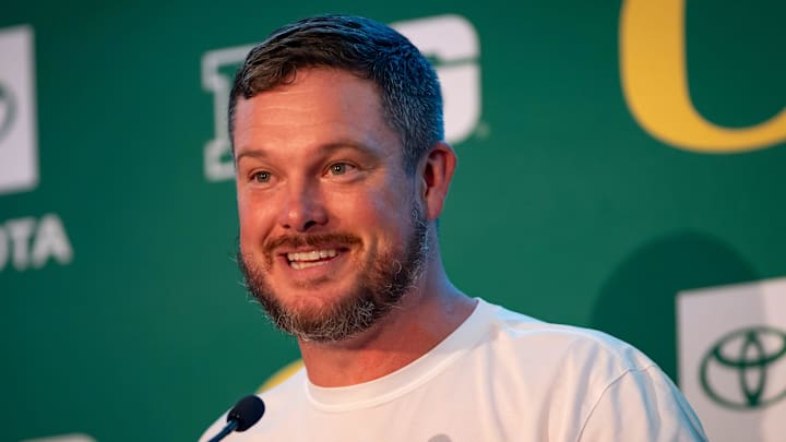 Oregon coach Dan Lanning speaks during Oregon football’s Media Day on July 28, 2025, at Autzen Stadium in Eugene.