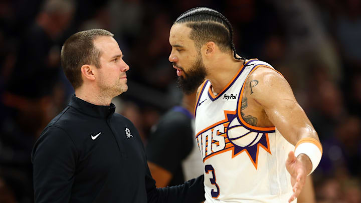 Jan 29, 2026; Phoenix, Arizona, USA; Phoenix Suns head coach Jordan Ott with forward Dillon Brooks (3) against the Detroit Pistons at Mortgage Matchup Center. Mandatory Credit: Mark J. Rebilas-Imagn Images
Jan 29, 2026; Phoenix, Arizona, USA; Phoenix Suns head coach Jordan Ott with forward Dillon Brooks (3) against the Detroit Pistons at Mortgage Matchup Center. Mandatory Credit: Mark J. Rebilas-Imagn Images