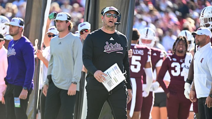 Oct 19, 2024; Starkville, Mississippi, USA;Mississippi State Bulldogs head coach Jeff Lebby walks down the sideline during the first quarter against the Texas A&M Aggies at Davis Wade Stadium at Scott Field. Mandatory Credit: Matt Bush-Imagn Images
