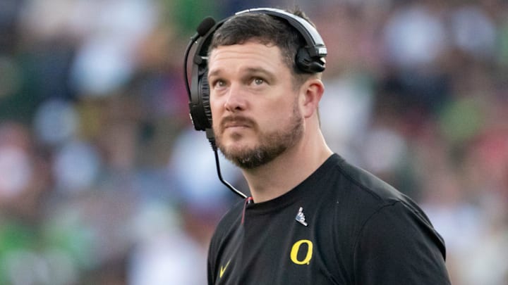 Oregon head coach Dan Lanning looks to the clock towards the end of the first half as the Oregon Ducks face the Ohio State Buckeyes Wednesday, Jan. 1, 2025, in the quarterfinal of the College Football Playoff at the Rose Bowl in Pasadena, Calif.