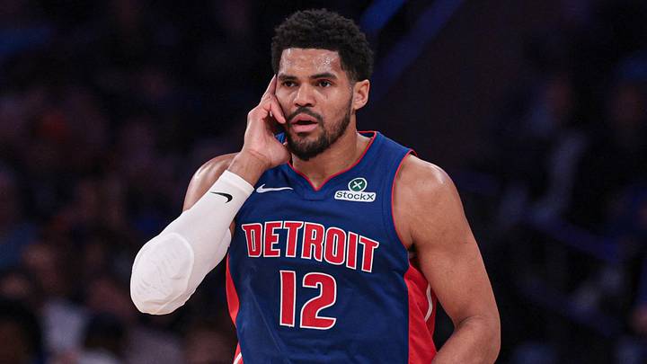 Feb 19, 2026; New York, New York, USA; Detroit Pistons forward Tobias Harris (12) reacts after a basket against the New York Knicks during the first half at Madison Square Garden. Mandatory Credit: Vincent Carchietta-Imagn Images