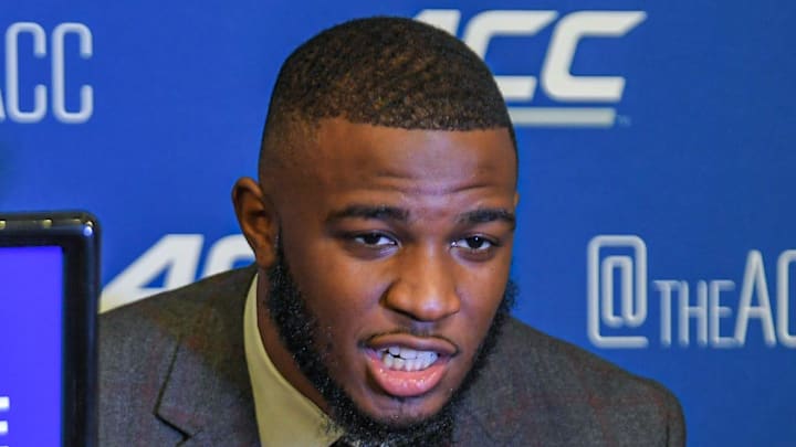 NC State linebacker Isaiah Moore talks during the ACC Football Kickoff in Charlotte, N.C. Wednesday, July 20, 2022.ACC Football Kickoff In Charlotte